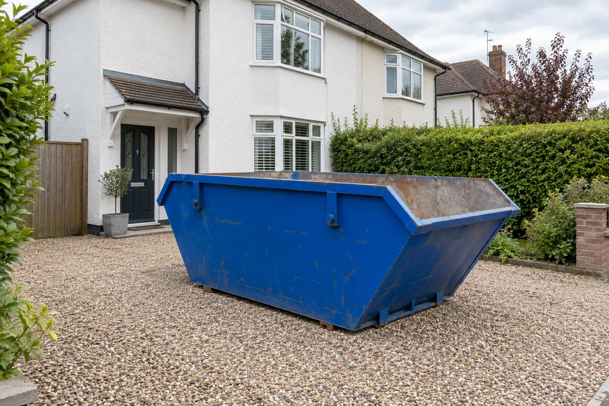 Blue builders’ skip outside a white house