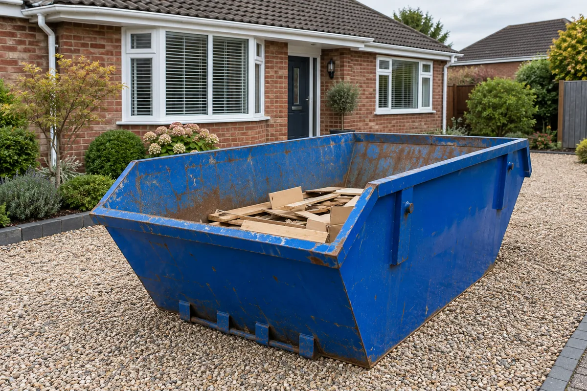Blue skip holding a small load of wood offcuts