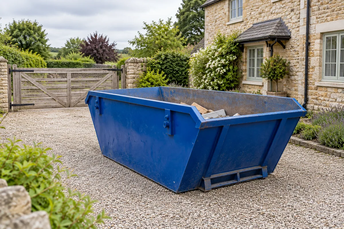 Empty blue skip on a gravel driveway