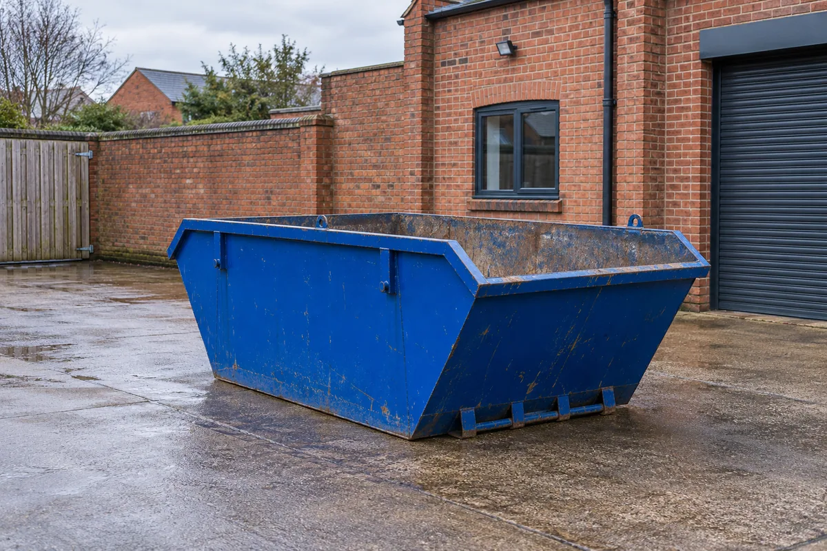 Compact empty blue skip beside a garage