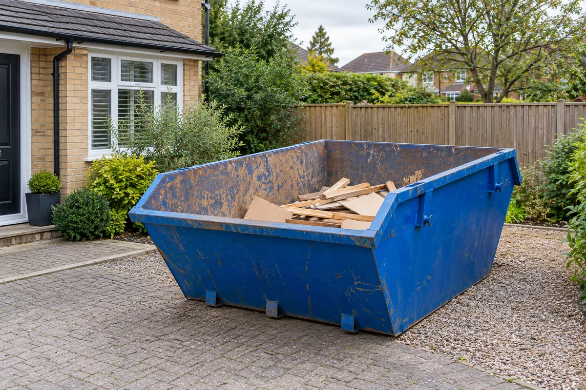 Small blue skip holding short wood offcuts