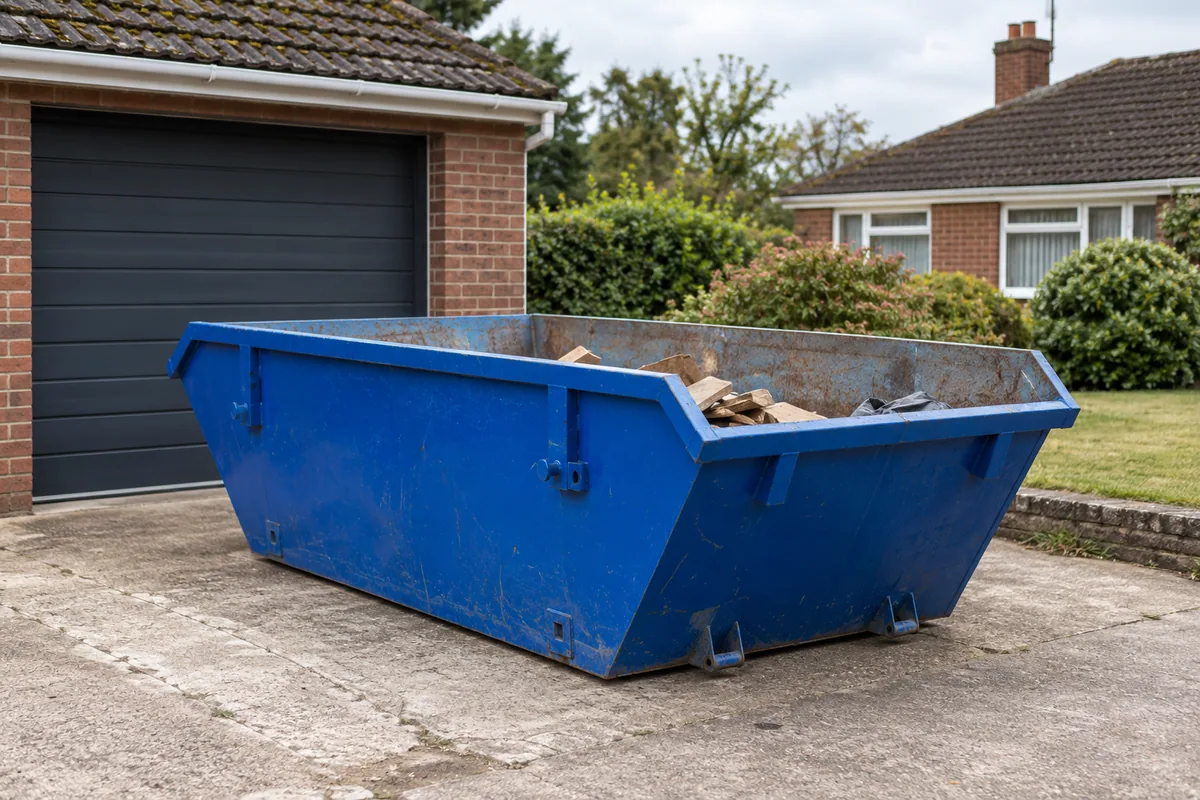 Compact blue skip on a gravel driveway