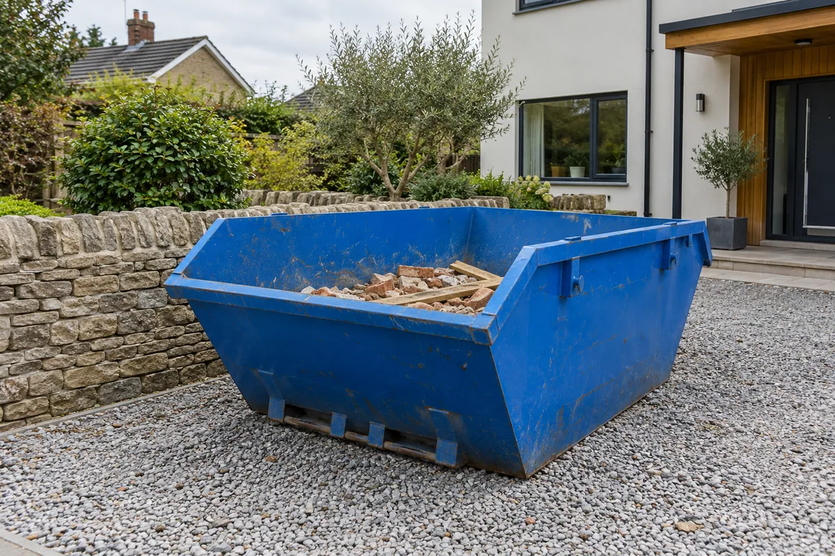 Building waste kept below the rim of a blue skip