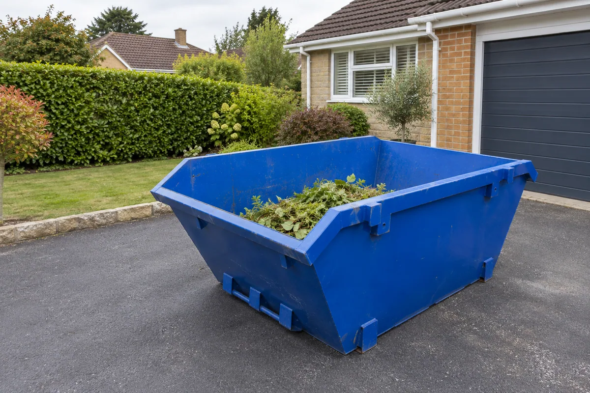 Blue skip with a small load of garden cuttings