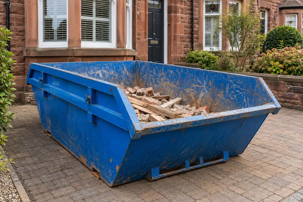 Renovation waste below the rim of a blue skip