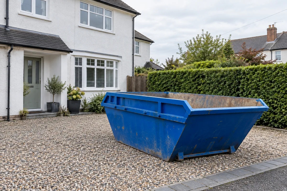 Empty builders’ skip beside a house
