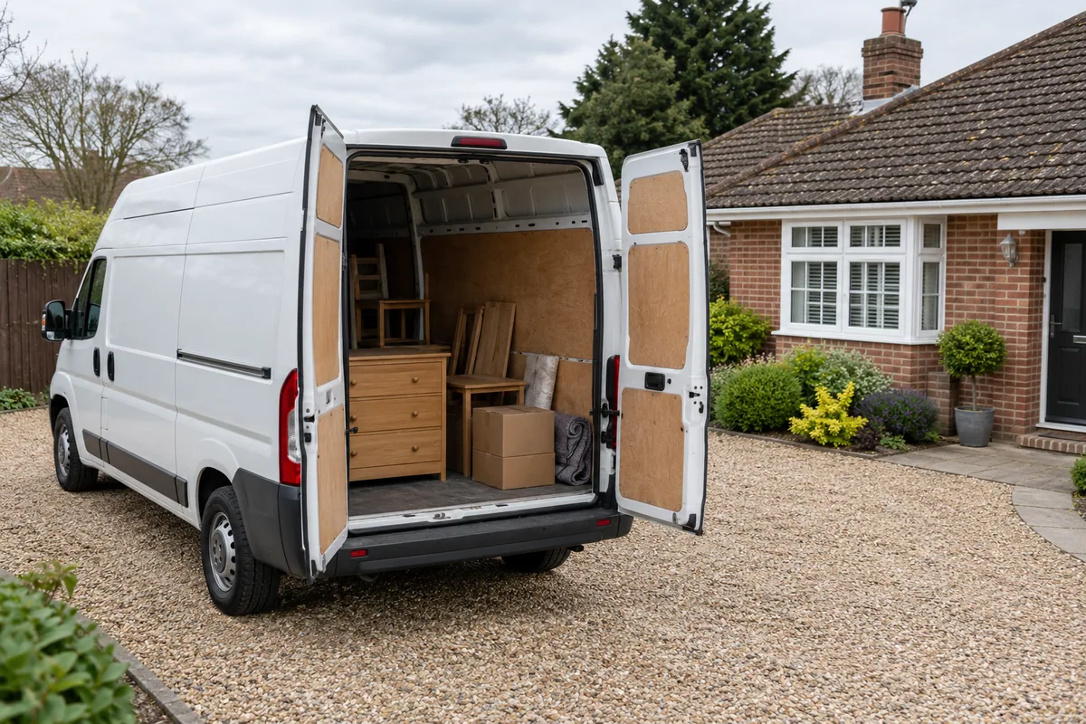 White collection van with wooden furniture inside