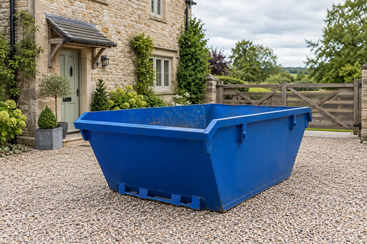Blue midi skip on a gravel driveway