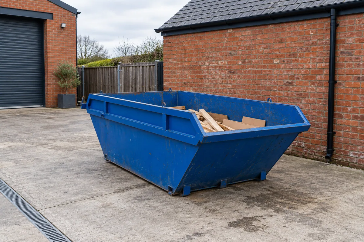 Short timber offcuts in a blue skip beside a garage