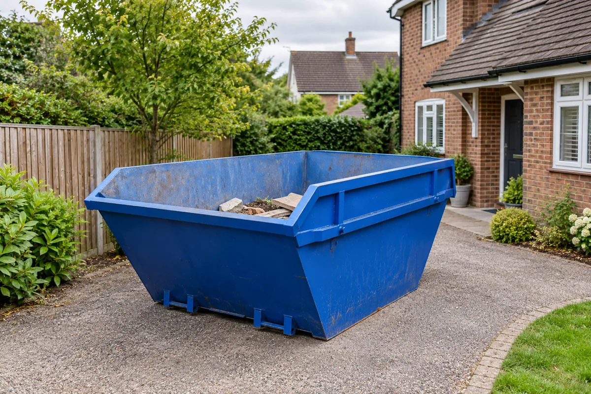 Blue skip with a small load of bricks and timber