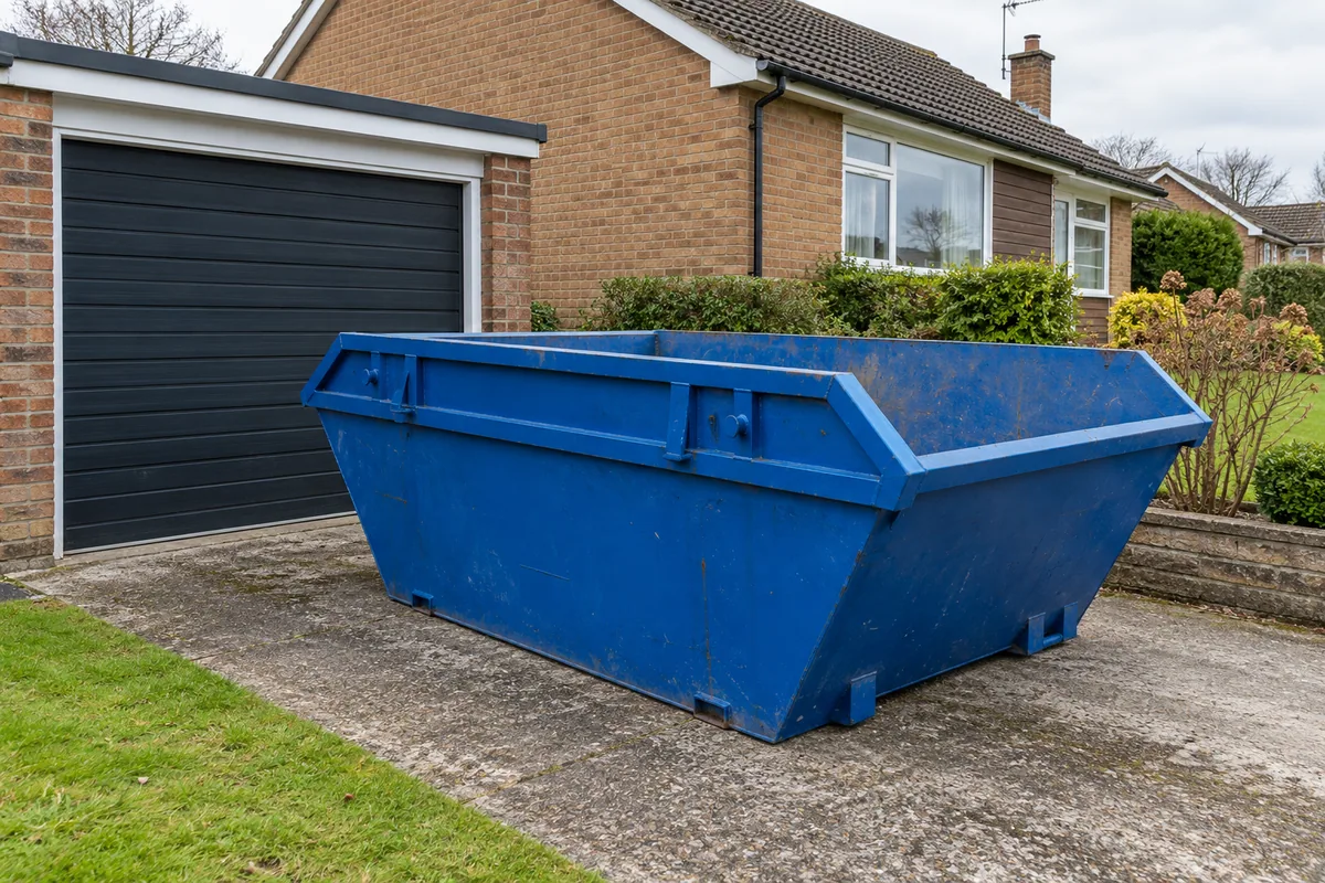 Empty blue builders’ skip outside a garage