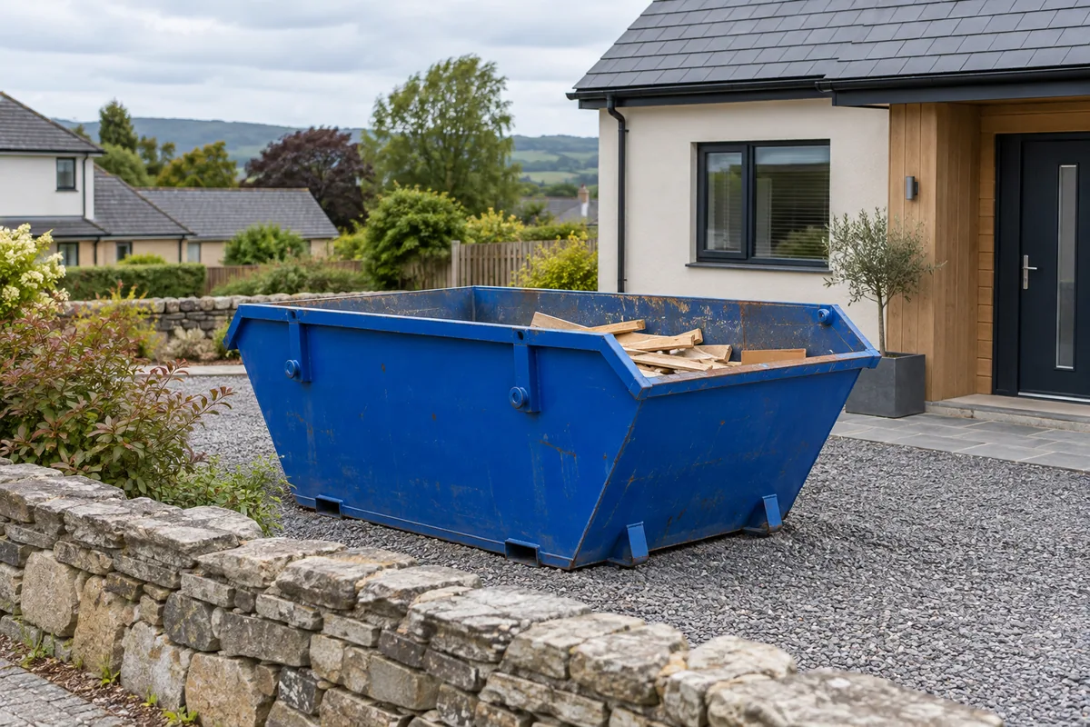 Blue builders’ skip beside a low stone wall