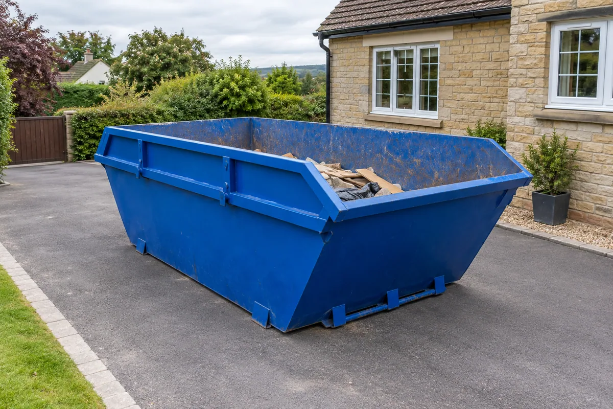 Short timber offcuts below the rim of a blue skip