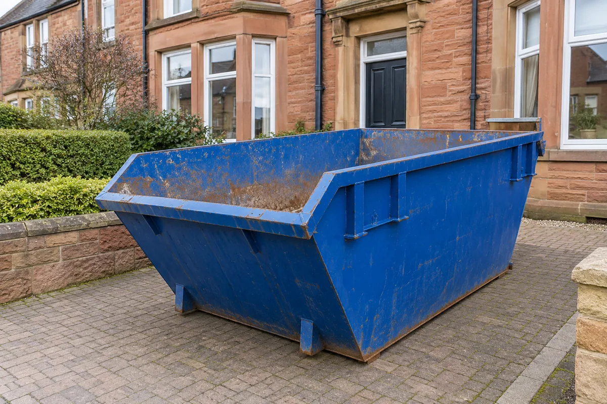 Large blue skip beside sandstone houses