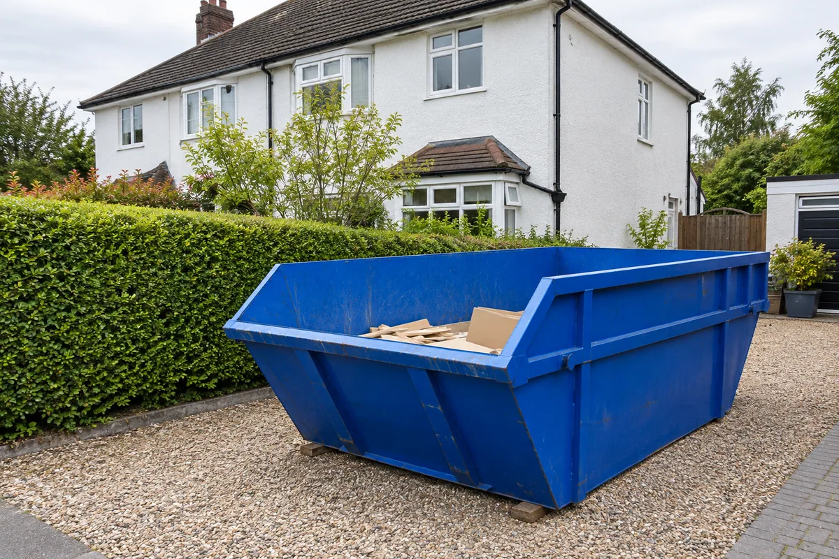 Large blue skip holding a small load of cardboard