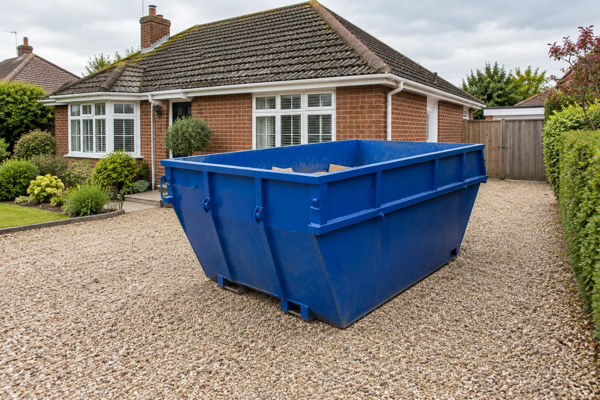 Empty large blue skip on a driveway