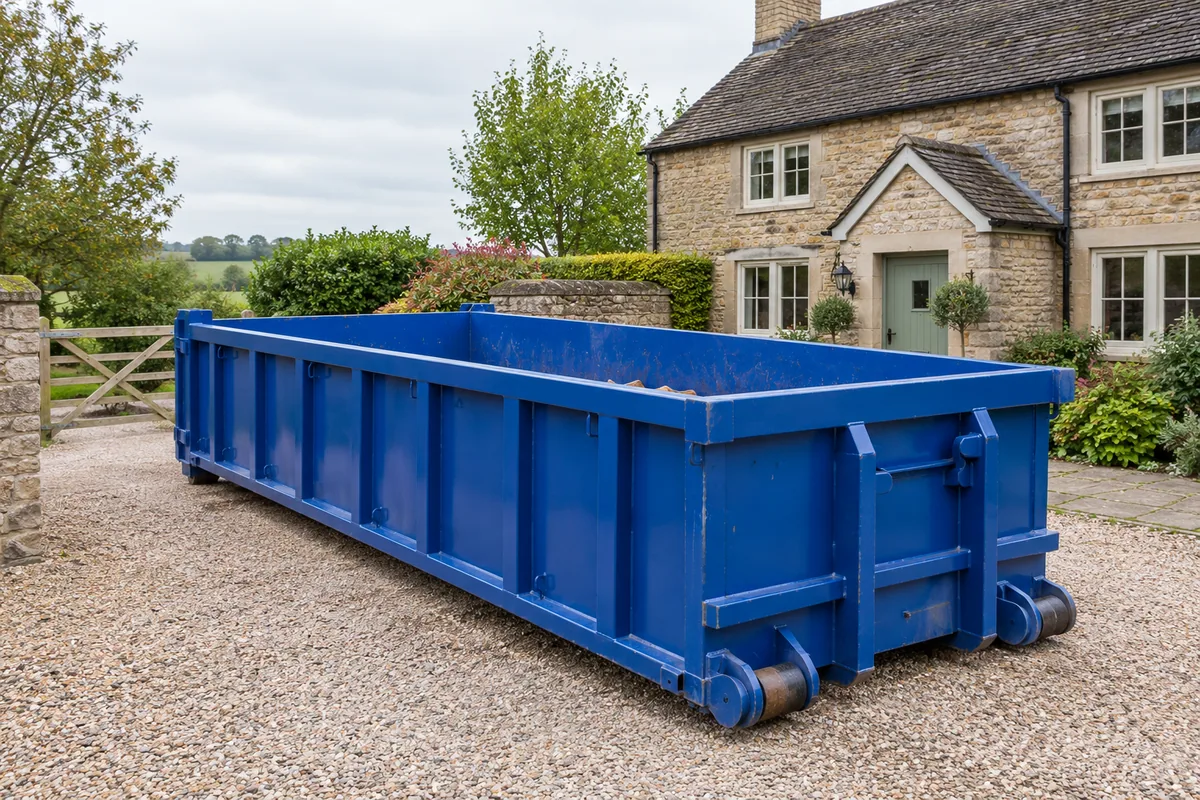 Low-sided blue roll-on/off container with room for access