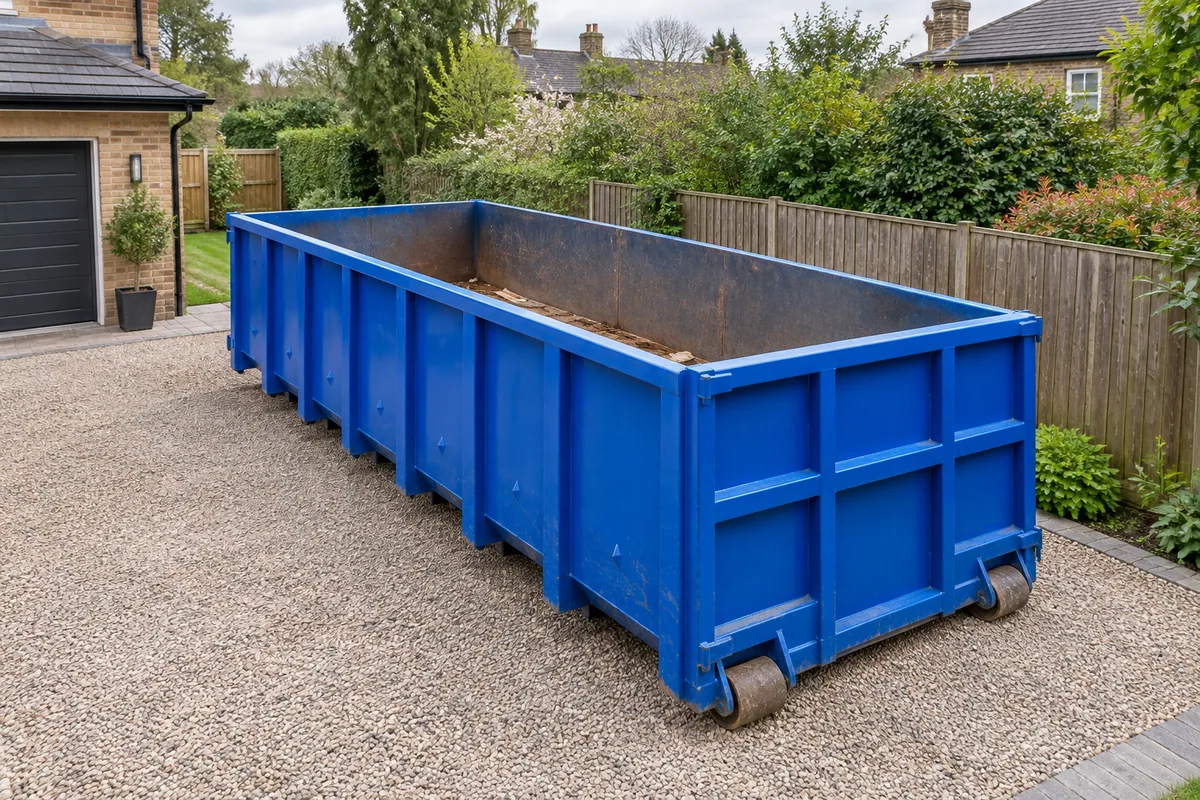 Empty blue roll-on/off container viewed from above