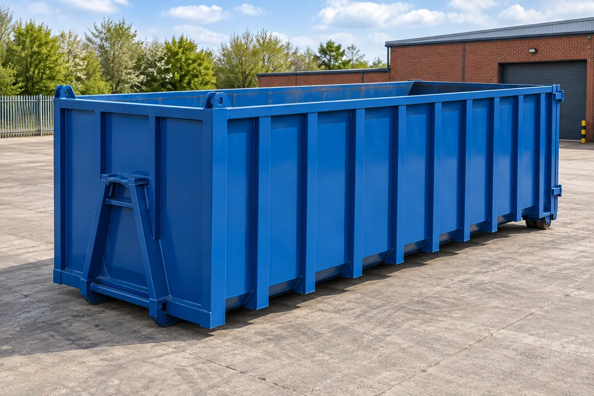 High-sided blue roll-on/off container in a commercial yard