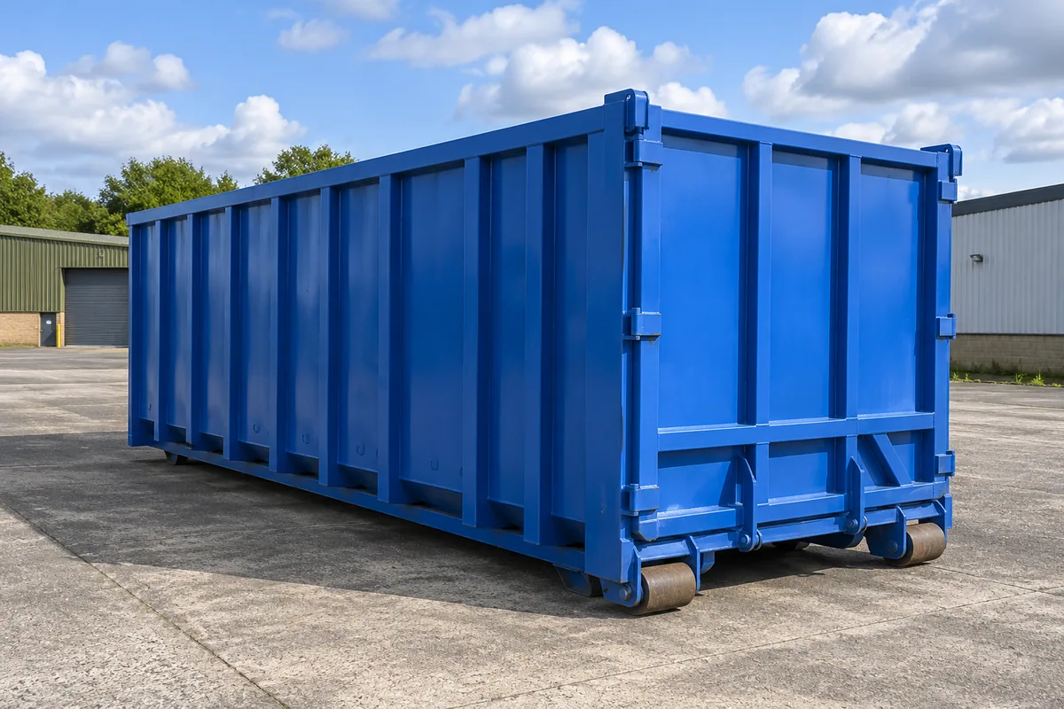 Tall blue roll-on/off container beside industrial workshops
