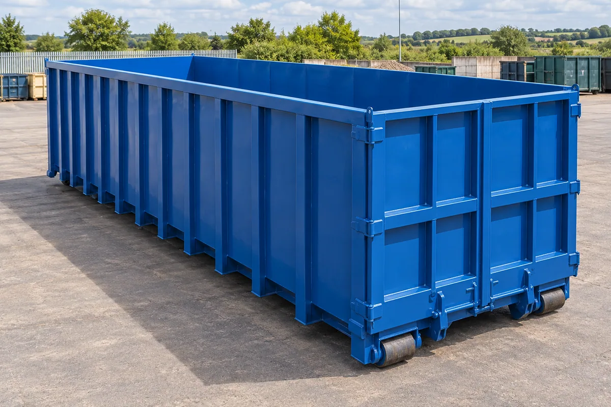 Large high-sided blue container with clear vehicle access