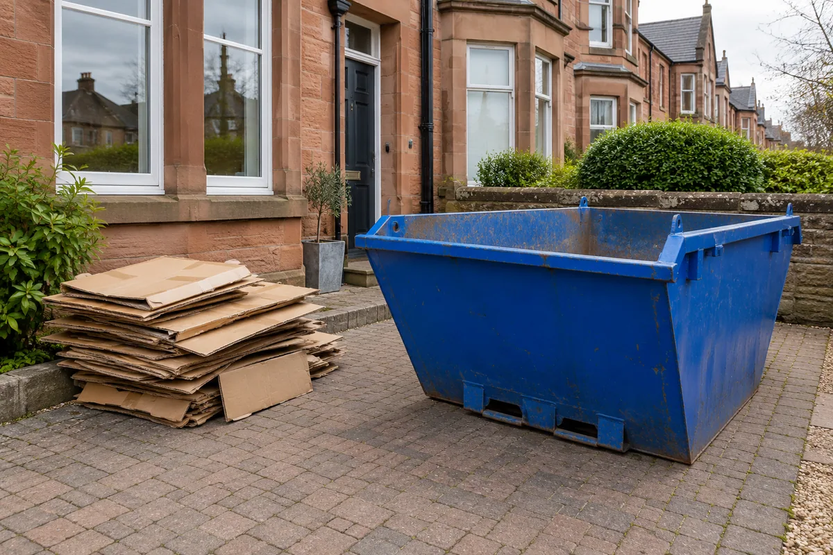 Flattened cardboard beside a blue skip
