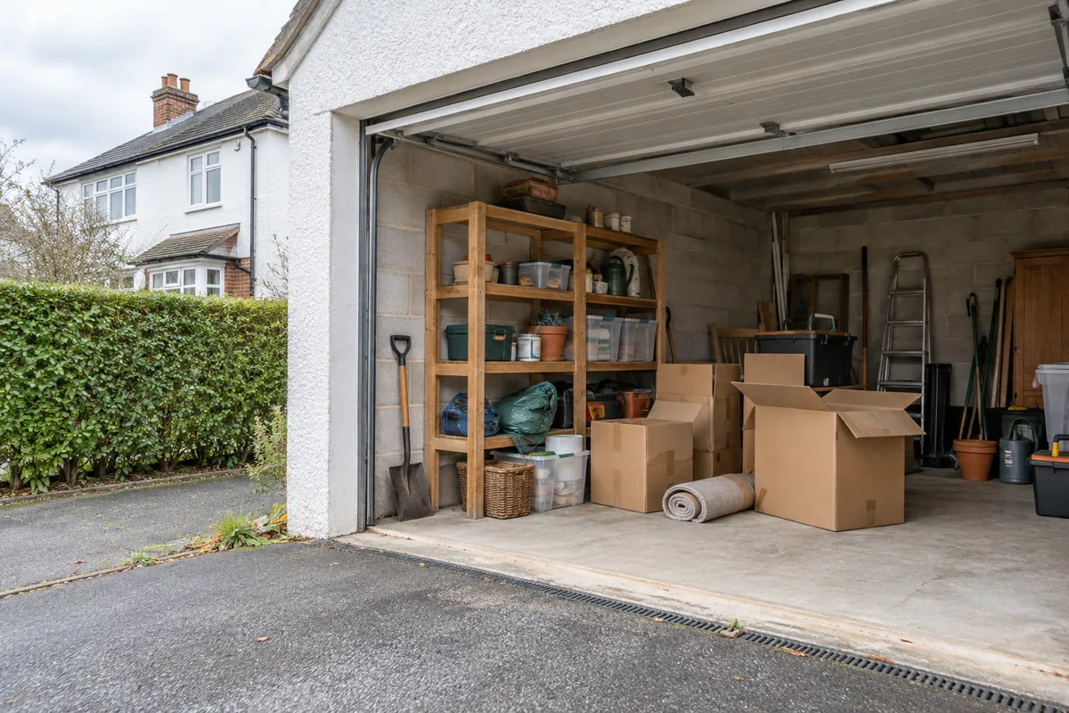 Garage shelving and household items ready for a clear-out