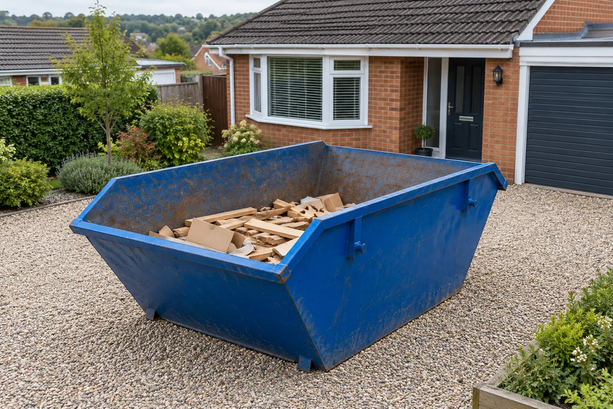 House clearance waste kept below the rim of a blue skip