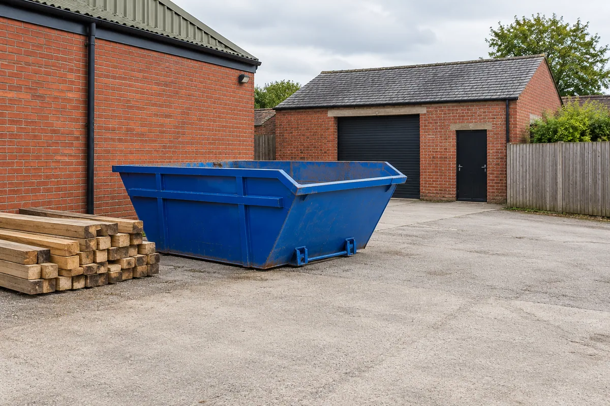 Empty blue skip with timber stacked clear of the access route