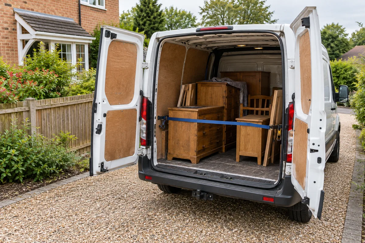 Wooden furniture loaded in the back of a white collection van