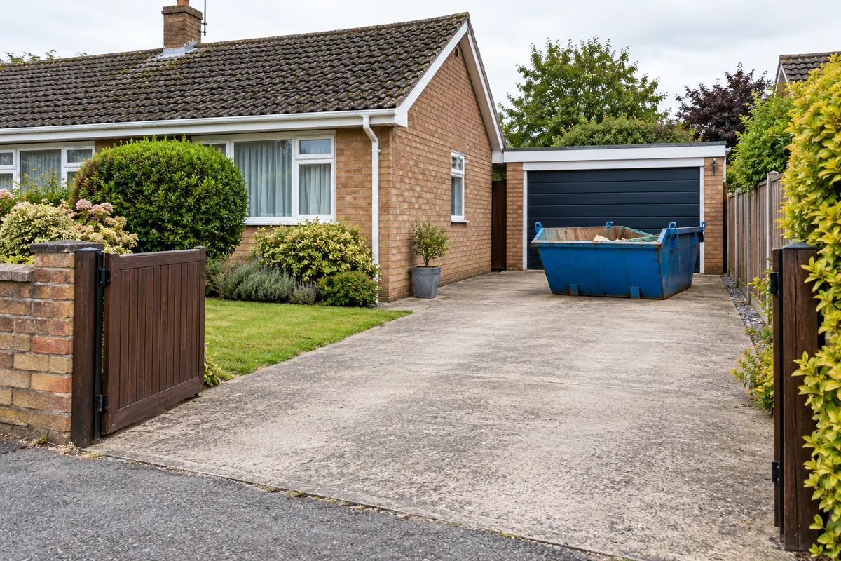 Clear driveway and open gates with a blue skip near the garage