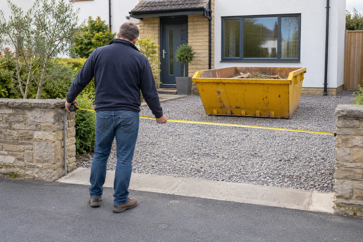 Person checking driveway width with a tape measure