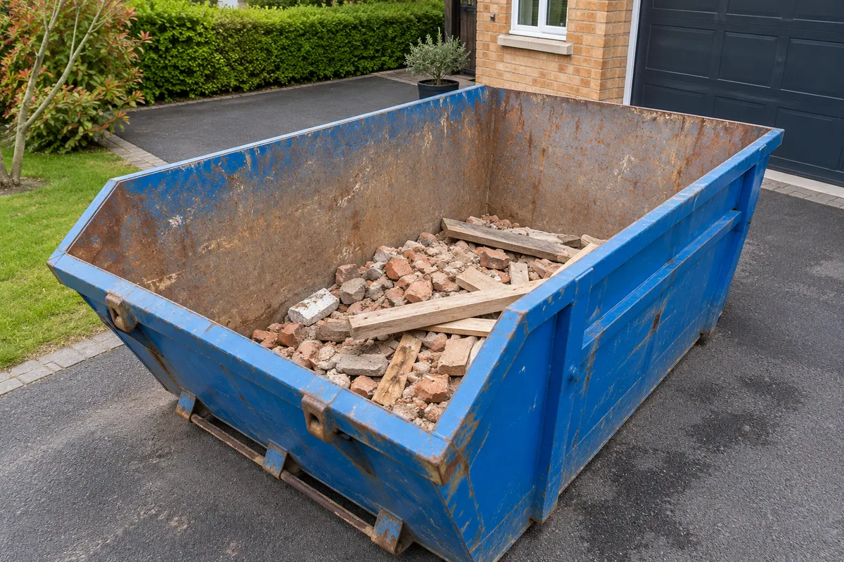 Small load of bricks and timber below the rim of a blue skip