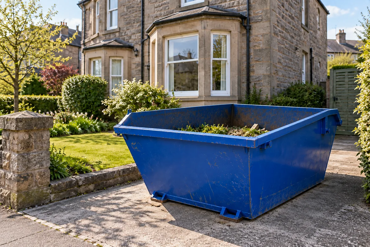 Compact blue skip with garden cuttings on a driveway