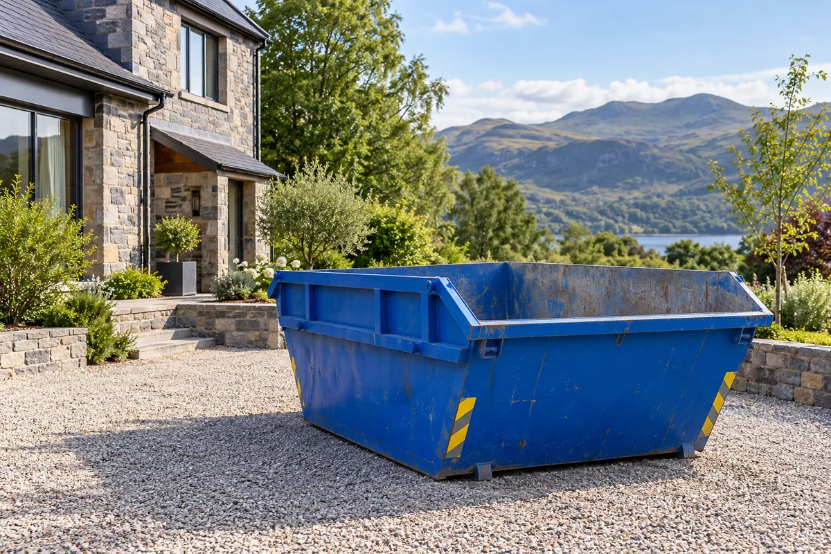 Blue builders’ skip on a gravel driveway beside a stone house