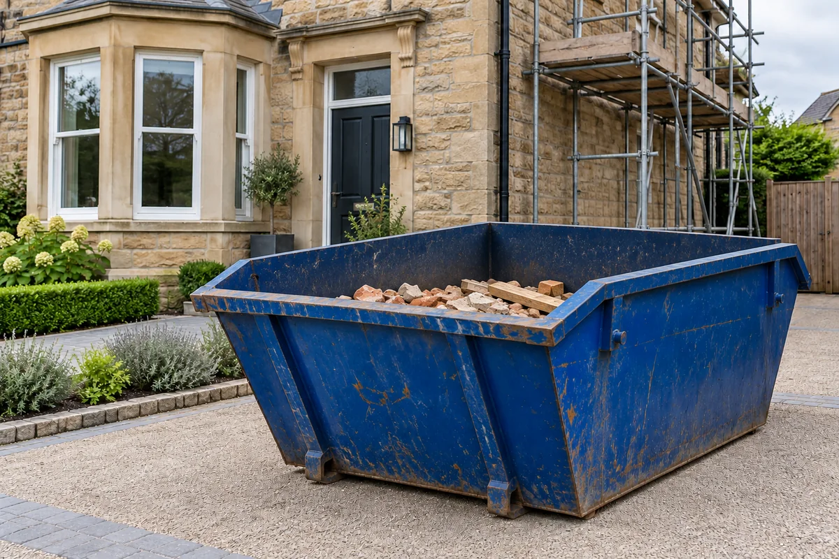 Blue skip loaded below the rim with timber and building waste