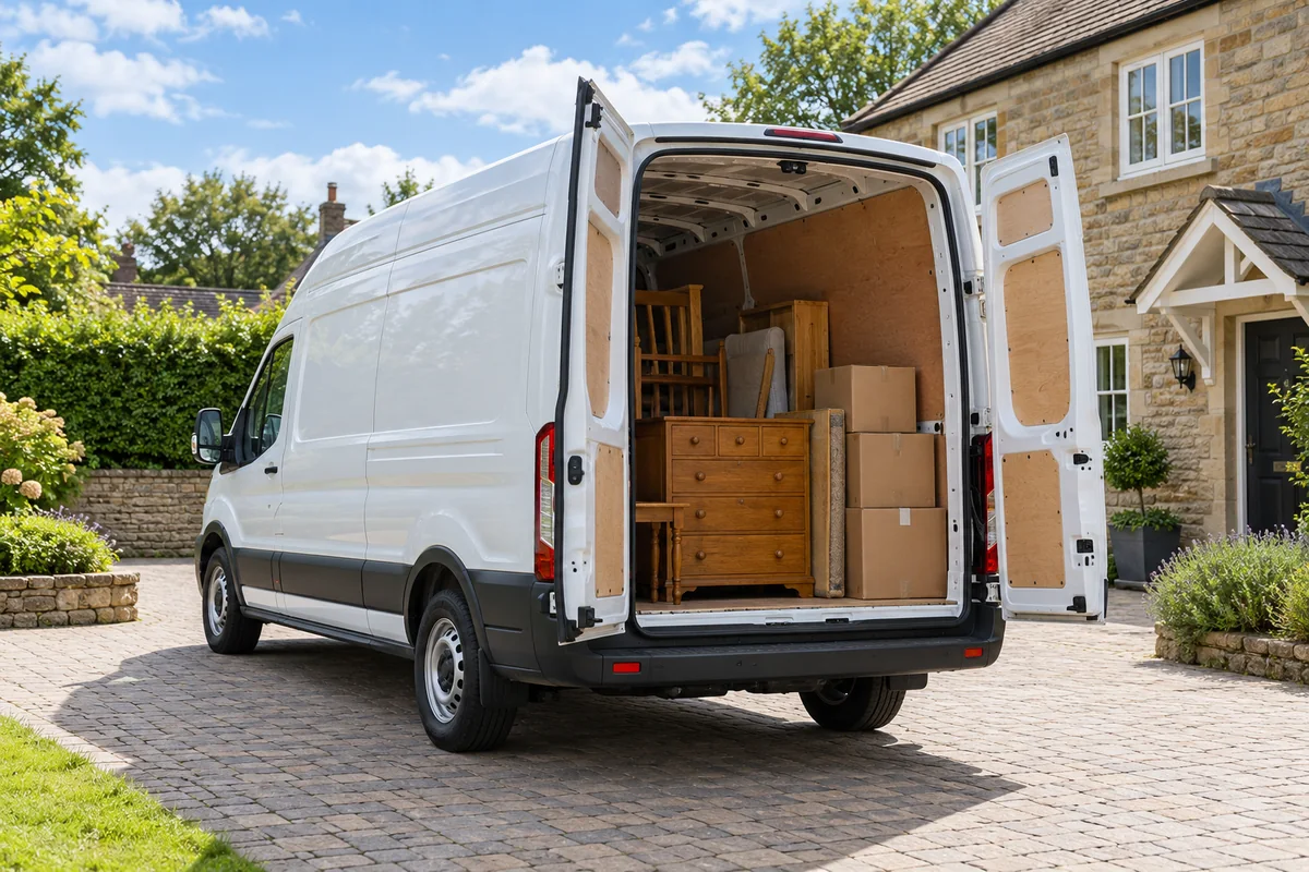 White waste collection van with open rear doors on a driveway
